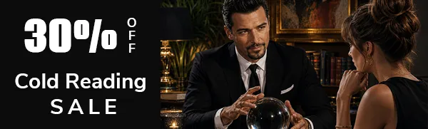Banner showing a mentalist with a crystal ball and a nicely dressed woman seated in front of his desk